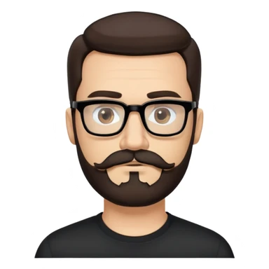 Caucasian male, medium-length hair straight dark brown hair combed back, thick dark eyebrows, rectangular black eyeglasses, full beard and mustache neatly groomed, neutral facial expression, wearing a black crew neck shirt. sticker