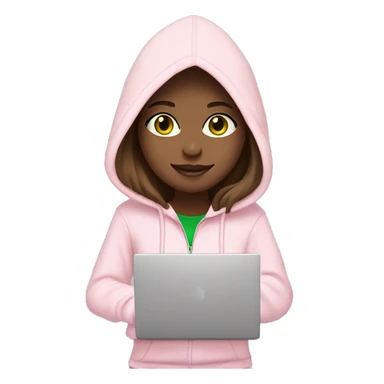 a girl with brown long hair, light beige skin, green eyes, is working relaxed at a modern laptop in a monochrome pale pink zip hoodie with a hood and a pink monochrome T-shirt sticker