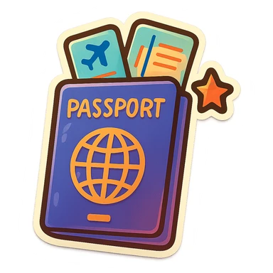 playful retro sticker-style illustration of a passport with two airline tickets sticking out, and a small heart or star accent, bold outlines, smooth forms, and glossy expressive highlights sticker