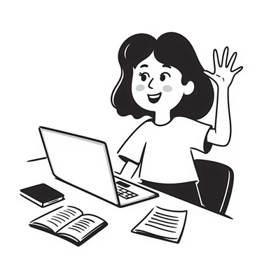 A smiling musician sitting at a desk with a laptop, raising hand during class sticker