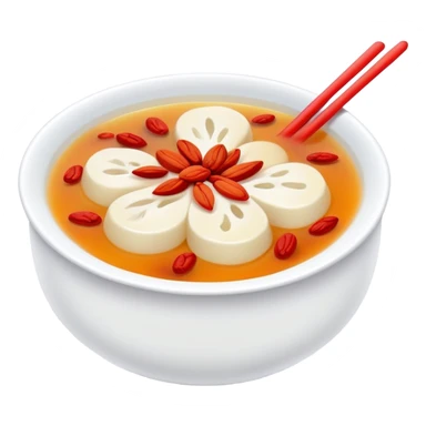 Sweet white fungus soup with red dates and goji berries, simplified emoji style with bold outlines and bright colors, cartoon style Yin Er Tang dessert sticker