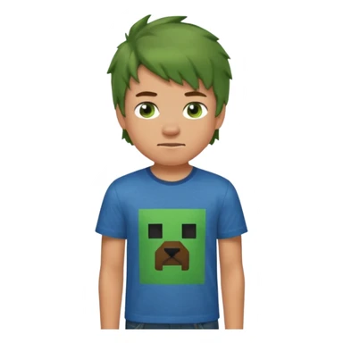 A 14 yerar old teenage boy, slightly tanned, wearing a green minecrcaft tshirt, blue jeans and green sneakers with brown tousled hair, smirking sticker