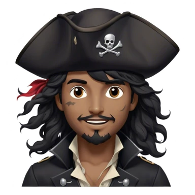 A charismatic pirate with wavy black hair tousled by the breeze. His silver-embroidered tricorn hat casts a shadow. Dark eyes glint with mischief as he looks to the side, a knowing smile on his lips. His black coat, adorned with silver buttons, shifts with the wind sticker
