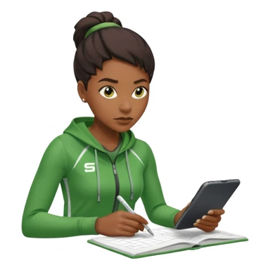 A calm black female coach with folded arms, analyzing the game with sharp focus, green clothes sticker