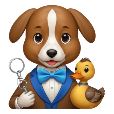 A dog holding keys in one hand and a duck in the other, all with a half-red, half-blue bow tie. sticker