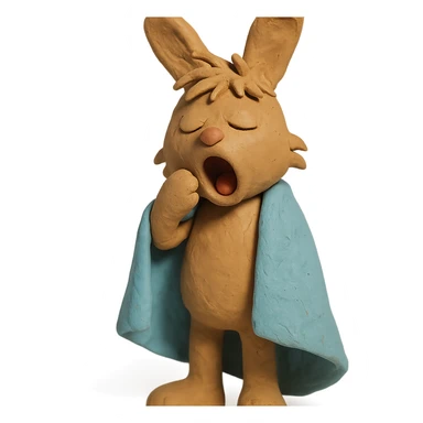full-body pale brown bunny yawning with messy hair, blanket over shoulders, claymation style sticker