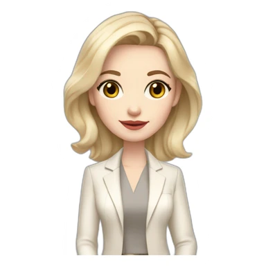pale skin woman interior designer with cold blonde middle length hair, gray eyes, White oversize jacket, beige blouse, Gray skirt holding a color palette in the hands sticker