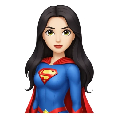 Pretty woman with very long dark hair and long face light skin smaller eyes and superhero outfit sticker