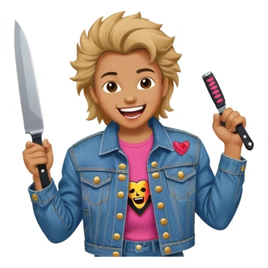 savage person wearing 80s 1988 outfit, denim jacket with shoulder pads, holding a knife, laughing maniacally sticker