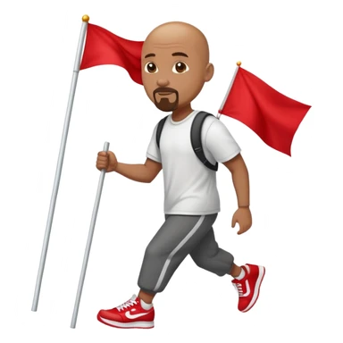Bald black man with a white goatee in sneakers carrying a red flag sticker
