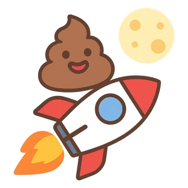 cartoon turd with lipstick sitting on a rocket flying toward the moon, colorful icon sticker