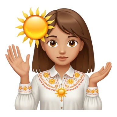 A young Ukrainian girl with brown hair wearing a white embroidered shirt holds the sun in her hands sticker