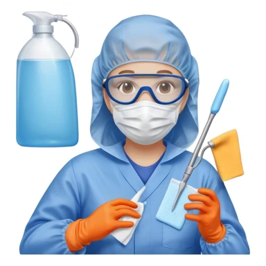 A meticulous cleanroom worker dressed in full protective gear, including a blue sterile suit, a face mask,  and orange gloves.  cleaning glasses with a wipe sticker