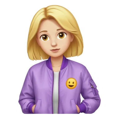 Generate an image of a golden hair women wearing lilac bomber jacket. Make in the style of emoji. sticker