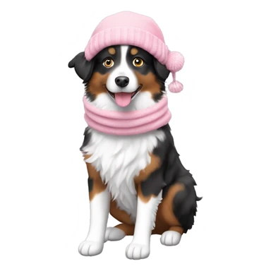 Mini Australian Shepherd with light pink snow gear including a scarf and a hat, and the mini Australian Shepherd should be black and white sticker