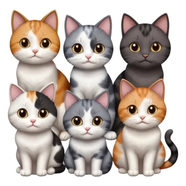 5 different coloured short haired cats including; a dark brown and white cat, and a dark grey and white, and a calico sticker