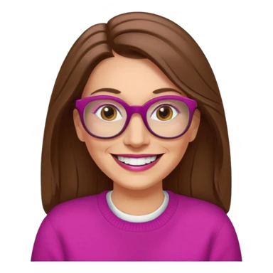 50 yr Caucasian woman, long brown hair parted on side, brown eyes, glasses, big smile, white teeth, fuscia sweater sticker