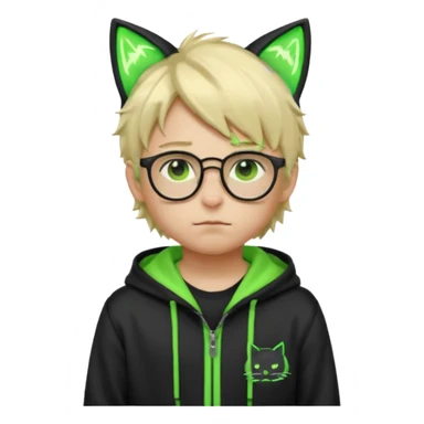 Light blond, slightly messy hair
Black glasses
A black hoodie with cat ears
Neon green details on the jacket and pants (glowing lines and stripes)
An overall hacker / cyberpunk style look
A neutral facial expression (boy )eyes brown) the hood with ears BROWN EYE BROWN EYE sticker