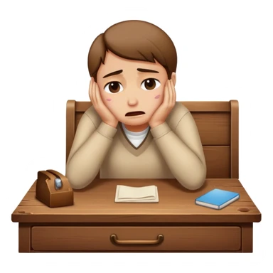 person sitting at a vintage wooden desk crying sticker
