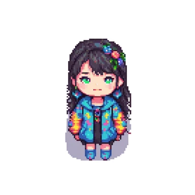 pixel art of a 17-year-old Korean girl, simple and expressive, vibrant colors, small sprite sticker