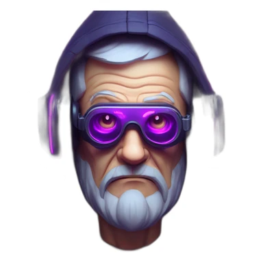 Russian old man wearing a black hoodie with "OMG" letters on it and VR headset in a cyberpunk VR environment with violet neon lighting. sticker