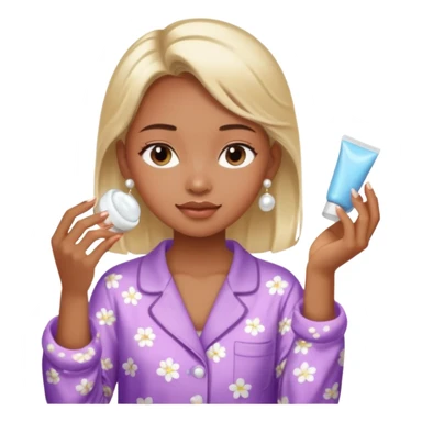 Clean girl aesthetic emoticons, apply skincare products, pearl earrings, glowing skin, pajamas, soft lighting sticker