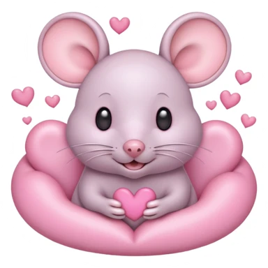 pastel cream cartoon mouse with large, round, pink-lined ears. The mouse has heart eyes, a small open mouth, and is surrounded by floating pink hearts, conveying a feeling of love, adoration, or strong affection. sticker