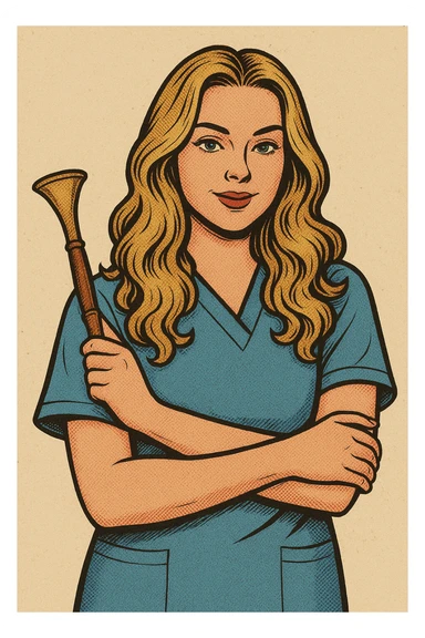 Portrait of a girl as in the reference photos, with the same appearance and clothing. She holds an obstetric stethoscope in one hand, the other hand is hugging herself. Style: old-school comic book with thin clean contours, soft rounded shapes, detailed shadows and highlights, soft lighting, minimalist background without decoration. sticker