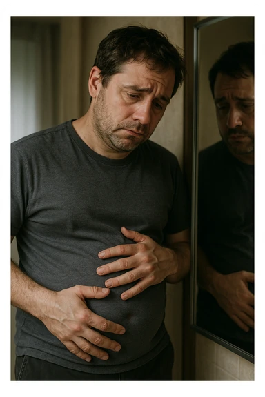 uomo che si guarda allo specchio triste mentre si tocca la pancia, pensieroso, iperrealistico 4k sticker