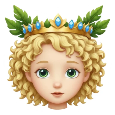 Cute Cupid character head with a large forehead, big bright blue eyes, and short, voluminous curly golden blond hair. A green leafy branch crown sits on the head. Stylized, colorful, cartoon look focused on innocence and cuteness. sticker