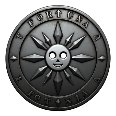 Minimal emoji, gothic metal coin made of black steel, engraved word FORTUNA at the center, ancient industrial aesthetic, worn metal texture, no glow, no neon, flat emoji design, centered, transparent background sticker