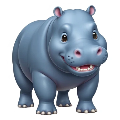 cinematic-hippo-realistic-full-body-side-view-standing-on-all-fours-emoji,-massive-round-frame,-wide-mouthed-grin-exposing-huge-teeth,-head-tilted-dramatically,-thick-greyish blue-hide-glossy, big cute eyes sticker