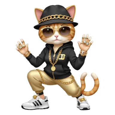 female cat wearing Run DMC hip-hop outfit with tracksuit, fedora, Adidas sneakers, dark sunglasses, many gold chains, rings, bracelets, flashy earrings, upright pose sticker