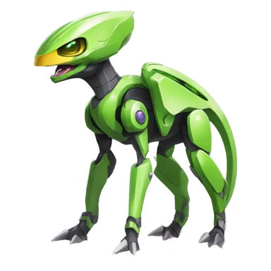 a shiny green Genesect-Raptor-Fakémon—hybrid with a futuristic visor-helmet full body sticker