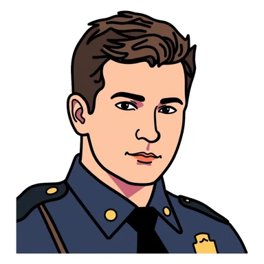 Realistic portrait of Nathan Fillion as John Nolan from The Rookie, detailed police officer with short hair and uniform sticker