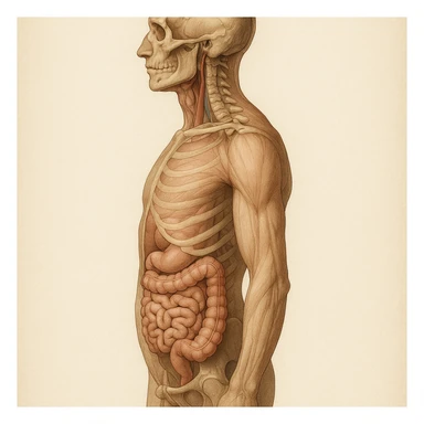 realistic anatomical illustration of human body with intestine, side view, anatomical details, natural colors sticker