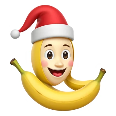 A 3D cartoon banana with a red nose and tiny hat, smiling face, playful pose, Memoji-style. sticker
