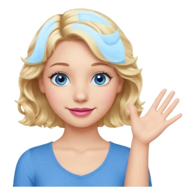 Girl Blonde short wavy hair,  blue eyes, cute blue top, long lashes, pink lips, smiling, one hand palm up side ways  sticker