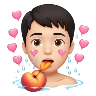 Cute boy, light pink eyes, grown out dark hair, eating a peach, pink hearts floating , water dripping from mouth sticker