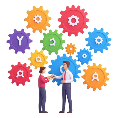 3D emoji style illustration of a business process being reshaped with personalization, featuring a flowchart or gears with individual icons or avatars, and a person customizing or adjusting the process sticker