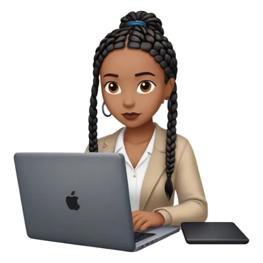  A dark brown woman with black box braids sitting behind a laptop, typing or looking at the screen. sticker