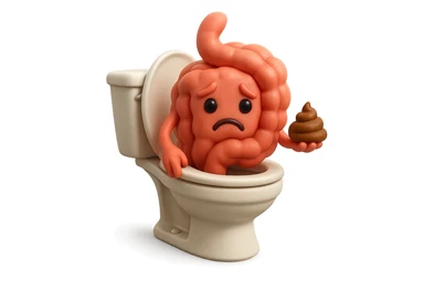 emoji stile iphone di un intestino realistico 3d che esce dal wc con in mano una montagnetta di feci con espressione triste a palline, iperrealistico 4k sticker