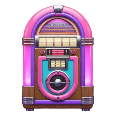3D render of Jukebox, vintage 1980s audio equipment aesthetic, tactile analog buttons, neon pink and purple light tubes with chrome trim, mixed wood grain and brushed aluminum textures, Apple emoji style, isolated on white background --v 6.0 sticker