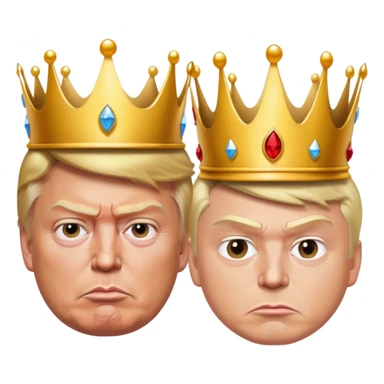 Orange Donald Trump, scowling, and Elon Musk wearing a king crown sticker