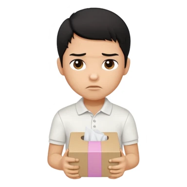 generate a pretty bratz boy with black hair, wearing a white polo shirt. Looking sad, holding a box of tissues sticker