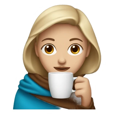 Dark Blonde woman with blue eyes wrapped in brown blanket drinking coffee sticker