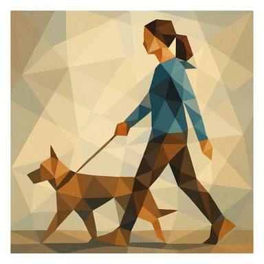 Woman walking a dog with fractured into overlapping cubes and triangles. sticker