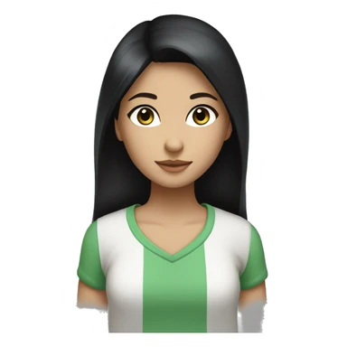 Girl, long straight black hair, big brown eyes, white skin, eyelashes, green shirt sticker