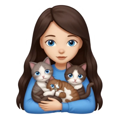a pretty girl with long dark brown hair, with blue eyes, hugs 3 different natural coloured small cats sticker