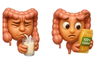 emoji stile iphone di un intestino che beve latte e ha un espressione di dolore e un intestino che guarda un pacco di pasta con la scritta "100% FODMAP" SULL'ETICHETTA CON ESPRESSIONE CONFUSA, iperrealistico 4k, isolato su sfondo bianco sticker